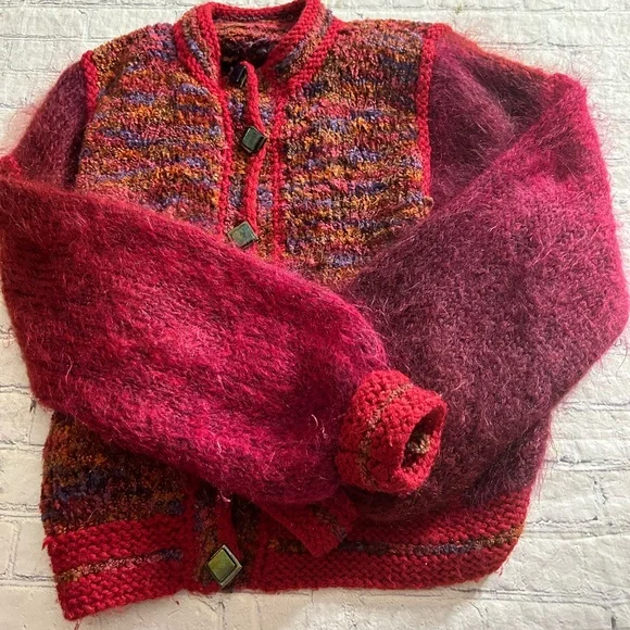 VINTAGE BOHO MOHAIR BLEND CHUNKY CARDIGAN BURGUNDY MULTI COLORED - Picture 1 of 8